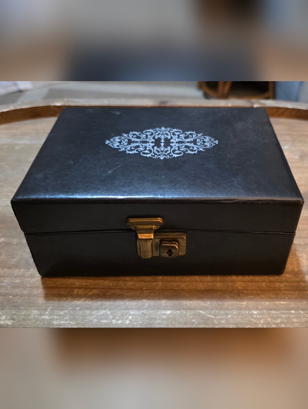 Vintage Victorian Black Leather Floral Jewelry Box